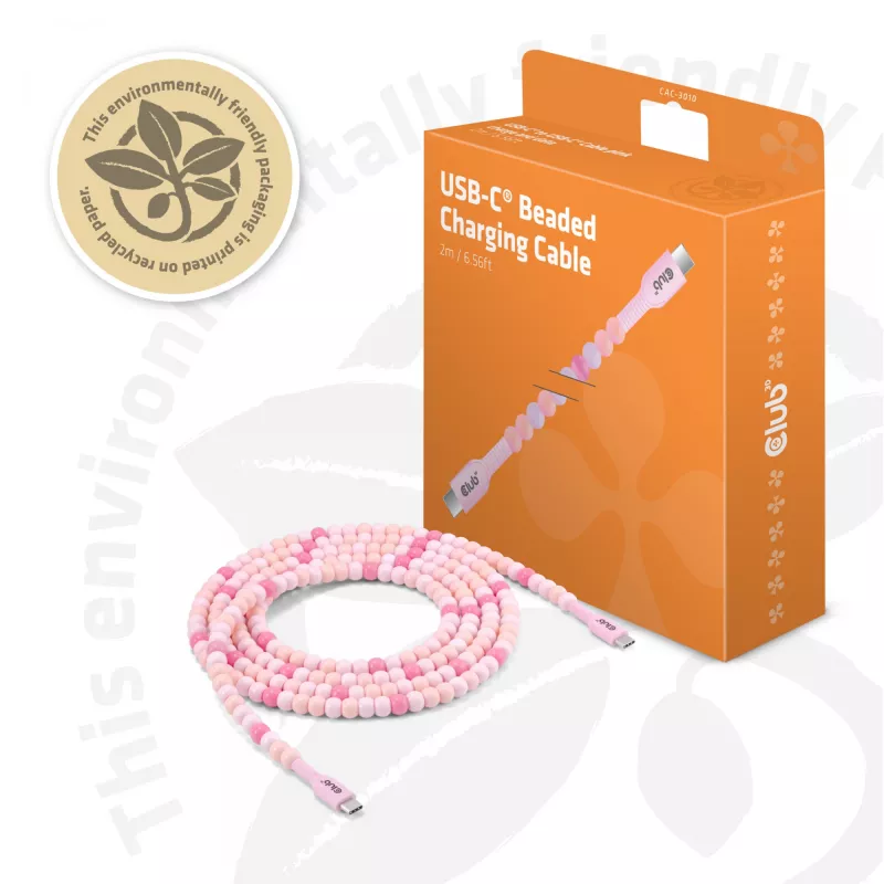 Club 3D CAC-3010 USB-C-auf-USB-C-Perlen-Kabel, 2 m, PD 60 W, 480 Mbit/s, Rosa