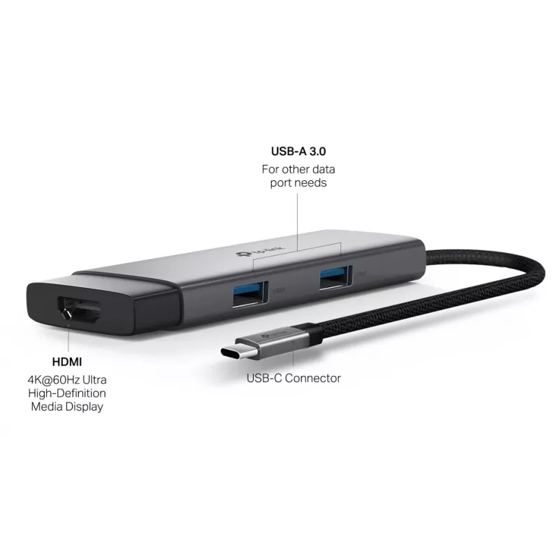 TP-Link UH5020C USB-C Hub, 5 Ports, HDMI 4K@60Hz, 100 W Power Delivery, 1x USB-C, 2x USB-A, 5 Gbit/s, Aluminium, Grau