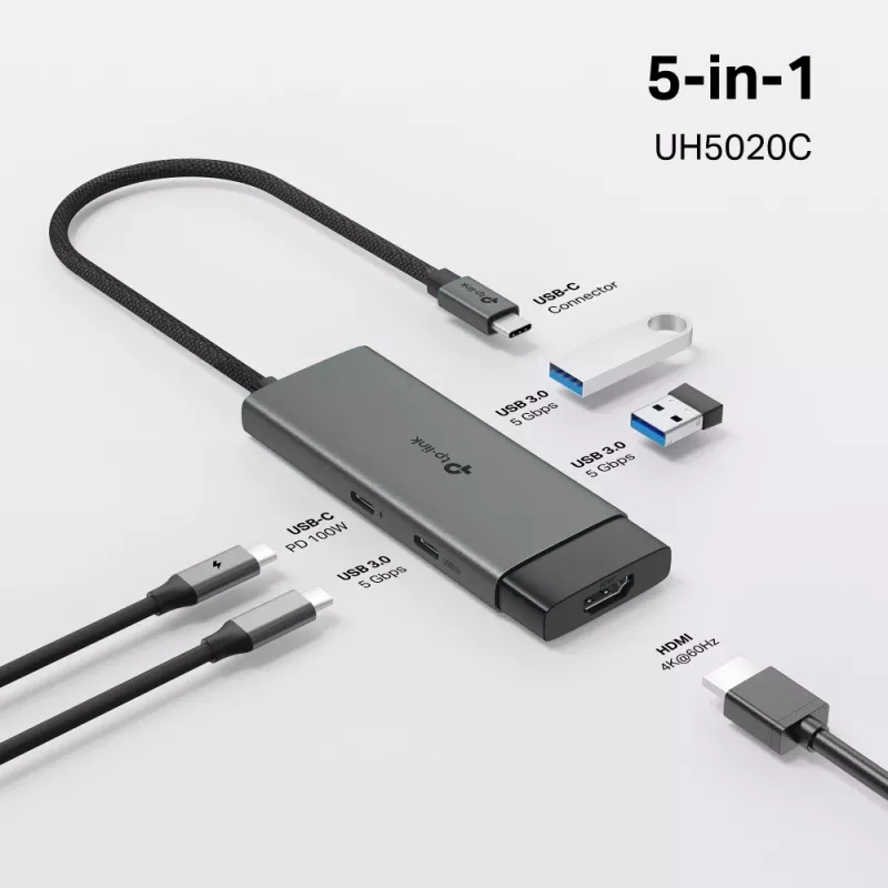 TP-Link UH5020C USB-C Hub, 5 Ports, HDMI 4K@60Hz, 100 W Power Delivery, 1x USB-C, 2x USB-A, 5 Gbit/s, Aluminium, Grau