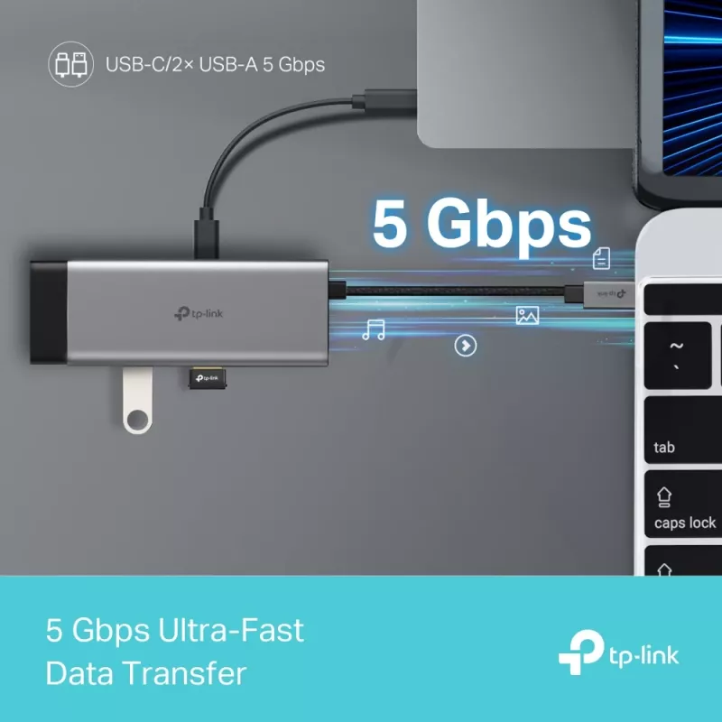 TP-Link UH5020C USB-C Hub, 5 Ports, HDMI 4K@60Hz, 100 W Power Delivery, 1x USB-C, 2x USB-A, 5 Gbit/s, Aluminium, Grau
