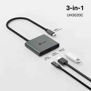 USB Type-C Hub TP-Link UH3020C — 3-Port (HDMI, USB-A, USB-C), 5 Gbit/s, HDMI 4K@60Hz, PD bis 100W, Aluminium, 0,18 m Kabel
