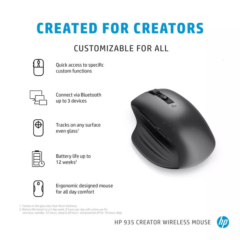 HP 930 Creator Wireless Mouse, Rechtshänder, Bluetooth, 3000 DPI, Silber
