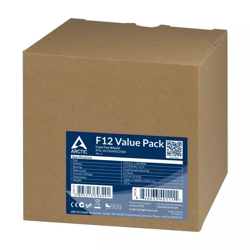 ARCTIC F12 120 mm Standard-Gehäuselüfter, 5er-Pack, Schwarz