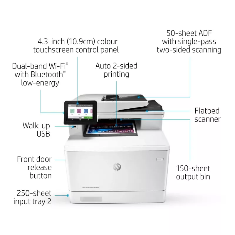 HP Color LaserJet Pro MFP M479fnw, Drucken, Kopieren, Scannen, Faxen, E-Mail, Scannen an E-Mail/PDF; 50-Blatt ungekrümmter ADF