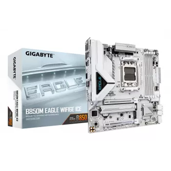 GIGABYTE B850M EAGLE WIFI6E ICE Mainboard - AMD Ryzen 9000 Series CPUs, 8+2+2 Phasen Digital VRM, bis zu 8200 MHz DDR5 (OC), 1xPCIe 5.0 + 1xPCIe 4.0 M.2, Wi-Fi 6E, 2,5 GbE LAN, USB 3.2 Gen 2