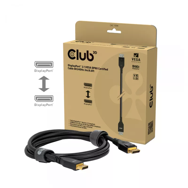 Club 3D CAC-1094 DisplayPort 2.1 VESA DP80 zertifiziertes Kabel 8K 240 Hz, 2 m (6,56 ft), Schwarz