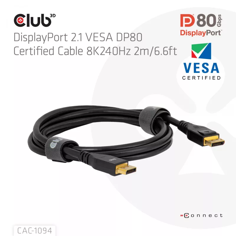 Club 3D CAC-1094 DisplayPort 2.1 VESA DP80 zertifiziertes Kabel 8K 240 Hz, 2 m (6,56 ft), Schwarz