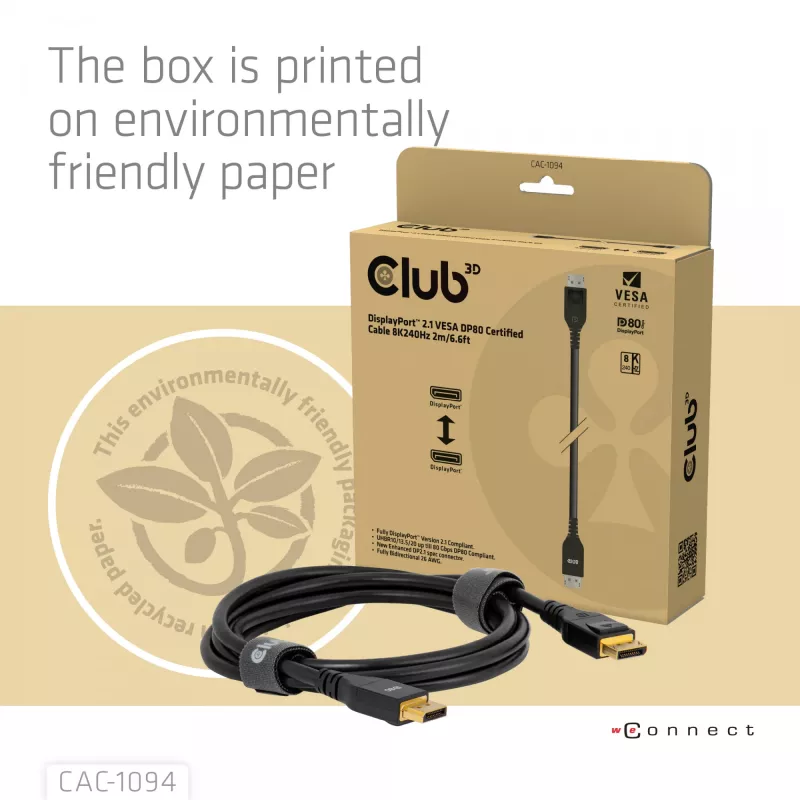 Club 3D CAC-1094 DisplayPort 2.1 VESA DP80 zertifiziertes Kabel 8K 240 Hz, 2 m (6,56 ft), Schwarz