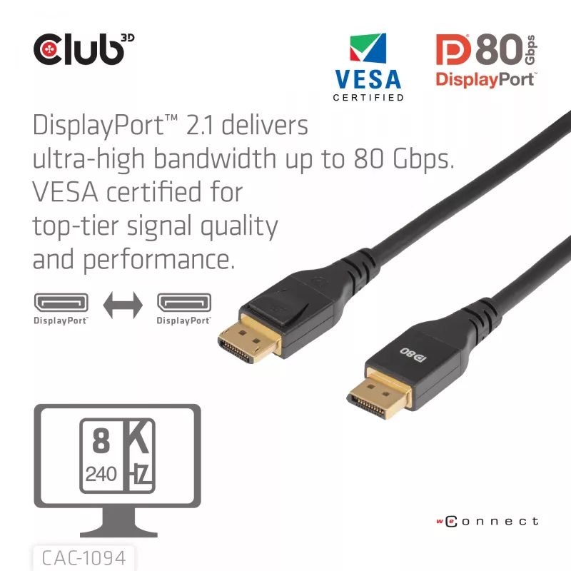 Club 3D CAC-1094 DisplayPort 2.1 VESA DP80 zertifiziertes Kabel 8K 240 Hz, 2 m (6,56 ft), Schwarz