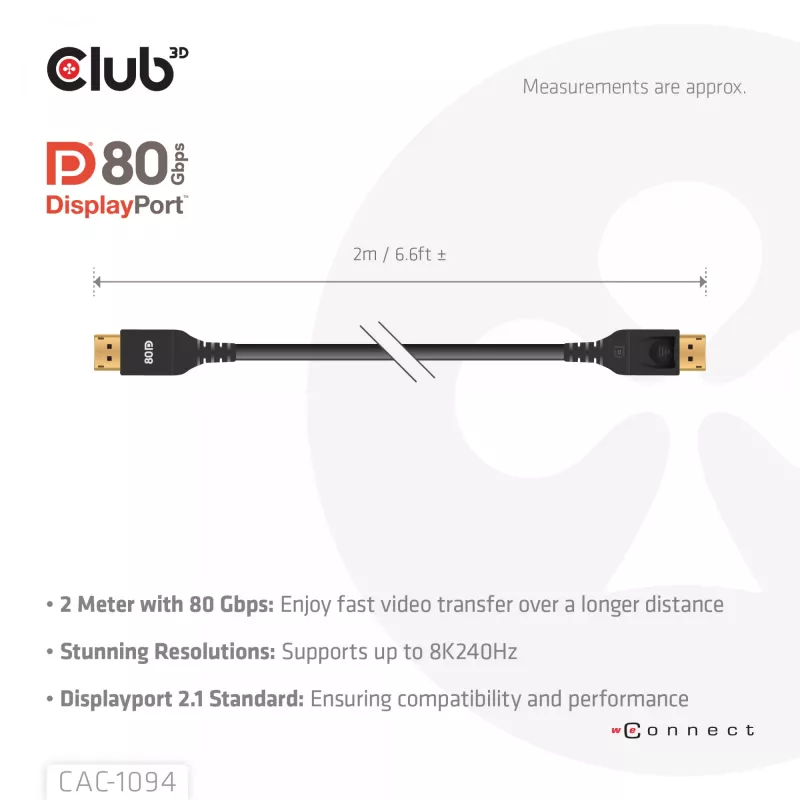 Club 3D CAC-1094 DisplayPort 2.1 VESA DP80 zertifiziertes Kabel 8K 240 Hz, 2 m (6,56 ft), Schwarz