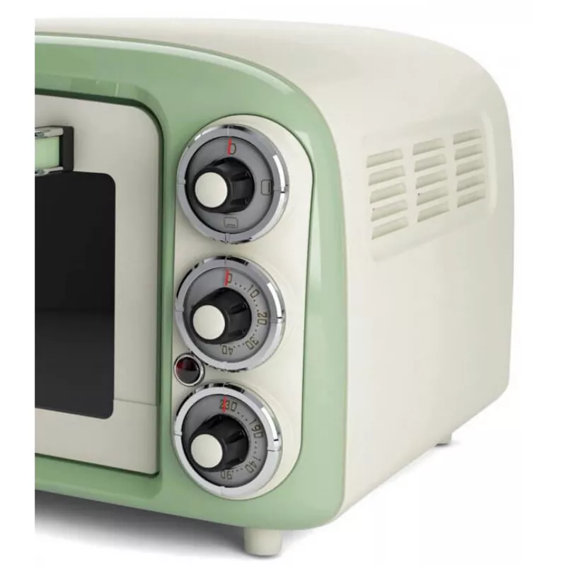 Ariete 979 Design Elektrobackofen 18 Liter, geeignet für 30 cm Pizza, 1380 W, 3 Einschubebenen, 60 Minuten Timer, Edelstahl, Pastellgrün