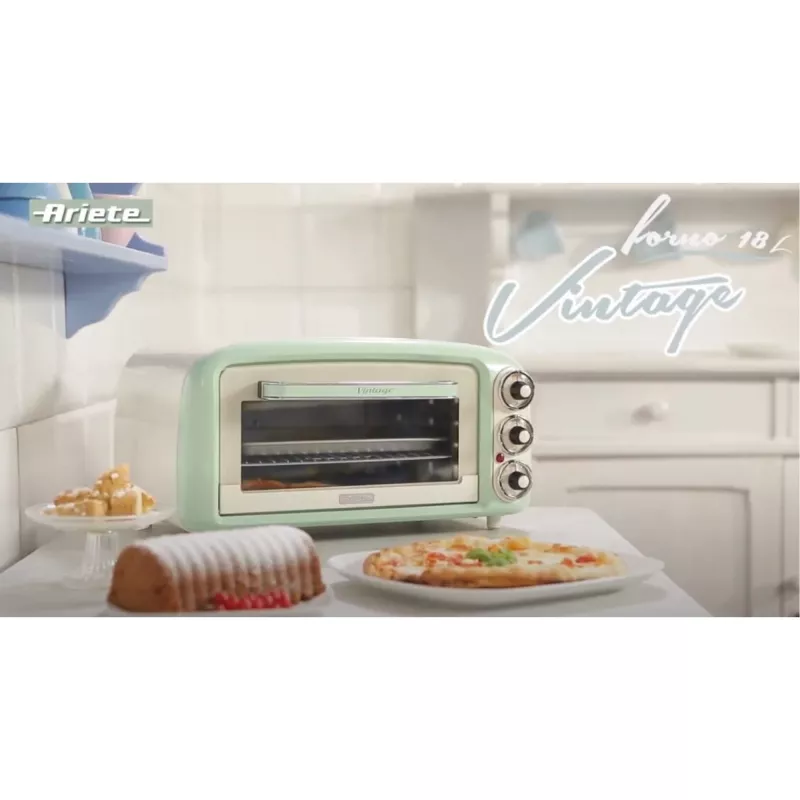 Ariete 979 Design Elektrobackofen 18 Liter, geeignet für 30 cm Pizza, 1380 W, 3 Einschubebenen, 60 Minuten Timer, Edelstahl, Pastellgrün