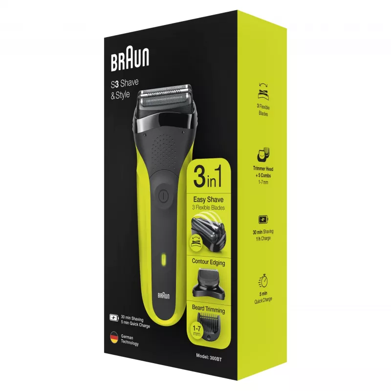 Braun Series 3 Shave&Style 300BT Elektrorasierer, Rasierer für Herren, Schwarz/Volt Green