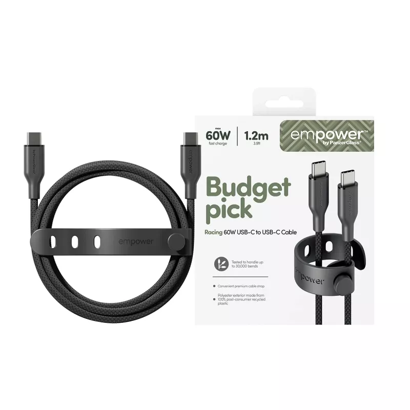 PanzerGlass empower™ by ® Racing 60W USB-C-auf-USB-C-Kabel | USB 2.0 | 1,2 m | Space Black