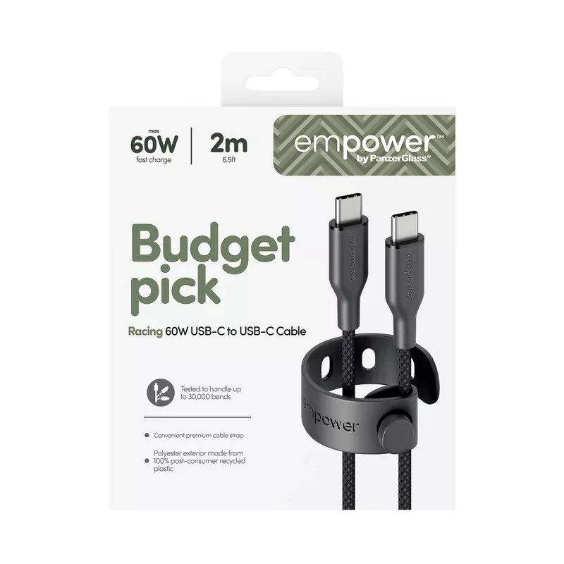 PanzerGlass empower™ by ® Racing 60W USB-C zu USB-C Kabel | USB 2.0 | 2M | Space Black