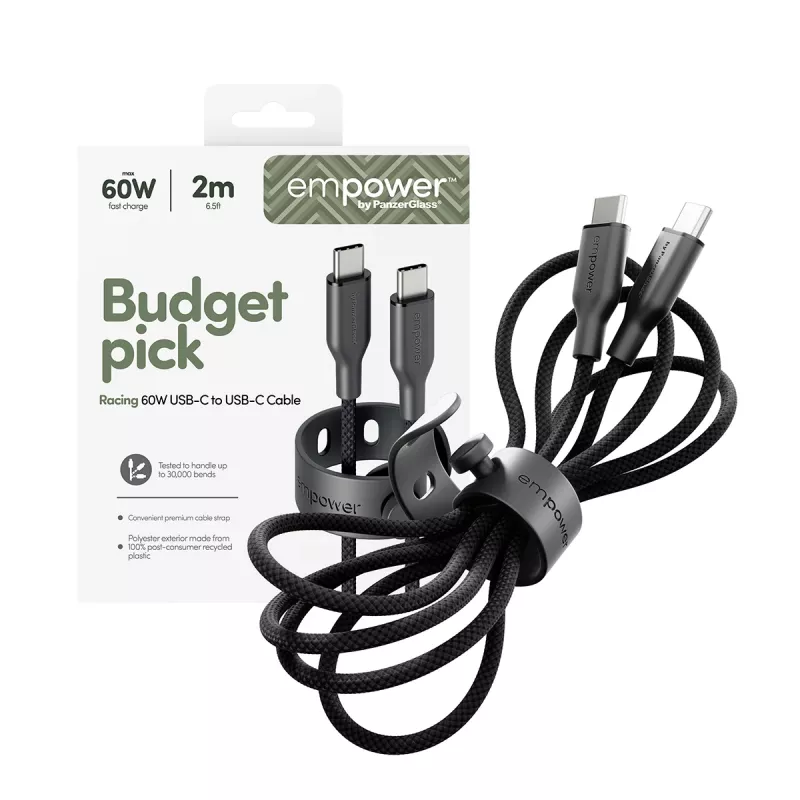 PanzerGlass empower™ by ® Racing 60W USB-C zu USB-C Kabel | USB 2.0 | 2M | Space Black