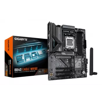 GIGABYTE B840 EAGLE WIFI6E Mainboard - AMD Ryzen 9000 CPUs, 8+2+2 Phasen VRM, bis zu 8200MHz DDR5(O.C), 2xPCIe 4.0 + 1xPCIe 3.0 M.2, Wi-Fi 6E, 2.5GbE LAN, USB 3.2 Gen 2