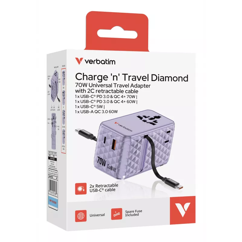 Verbatim Charge 'n' Travel 70W 2C retractable Universal Travel Adapter Purple