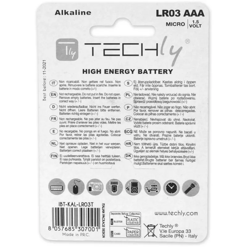 Techly Blister 4 Batterien High Power Mini Stilo AAA Alkaline LR03 1,5V IBT-KAL-LR03T