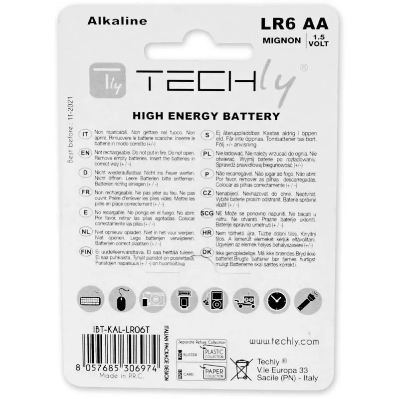 Techly Blister 4 AA Alkaline-Batterien High Power Stilo LR06 1,5V IBT-KAL-LR06T