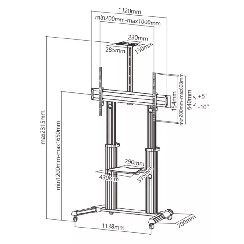 Techly ICA-TR24 mobiler TV-Ständer, 60–100 Zoll, 100 kg, mit Ablagen