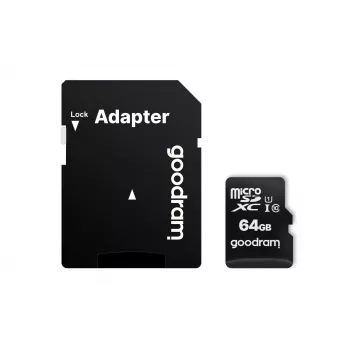MicroSDXC-Speicherkarte GOODRAM 64 GB UHS-I Class 10 (U1), Lesegeschwindigkeit 100 MB/s, Schreibgeschwindigkeit 10 MB/s, mit SD-Adapter, schwarz
