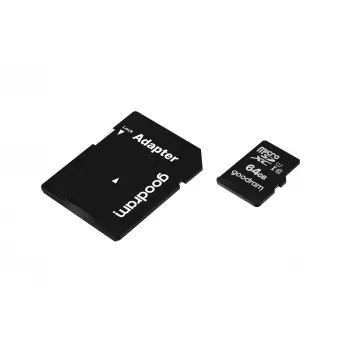 MicroSDXC-Speicherkarte GOODRAM 64 GB UHS-I Class 10 (U1), Lesegeschwindigkeit 100 MB/s, Schreibgeschwindigkeit 10 MB/s, mit SD-Adapter, schwarz