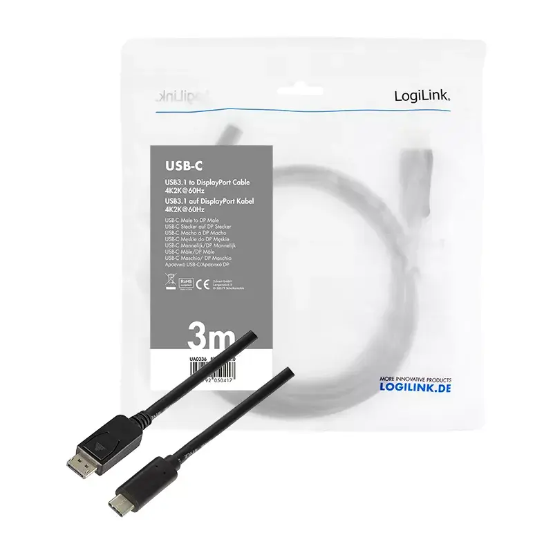 Videokabel-Adapter LogiLink UA0336 3 m USB Type-C DisplayPort Schwarz