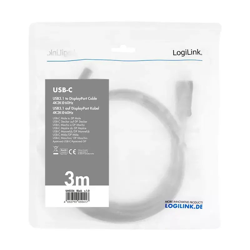 Videokabel-Adapter LogiLink UA0336 3 m USB Type-C DisplayPort Schwarz