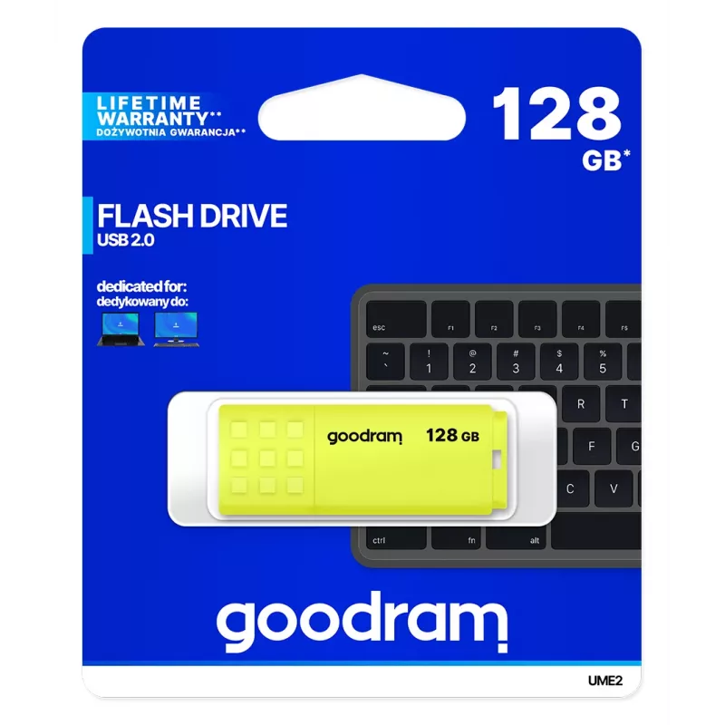 Goodram UME2 UME2-1280Y0R11 USB-Stick 128 GB, USB 2.0 Typ-A, 20 MB/s, mit Kappe, gelb