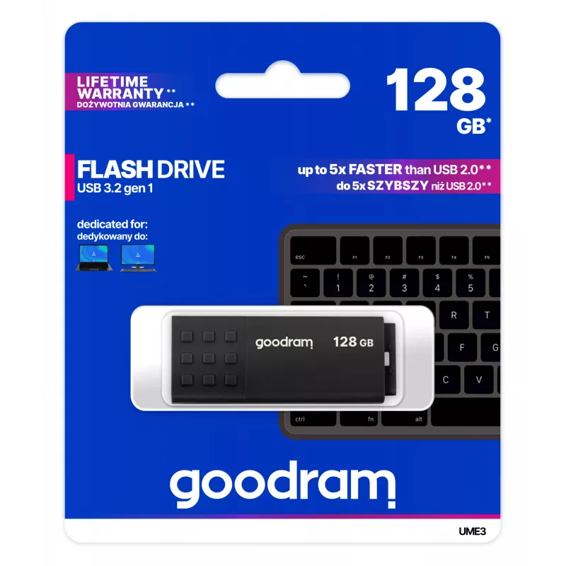 USB-Flash-Laufwerk GOODRAM UME3 128 GB USB Typ-A 3.2 Gen 1 (schwarz, 60 MB/s Lesen, 20 MB/s Schreiben)