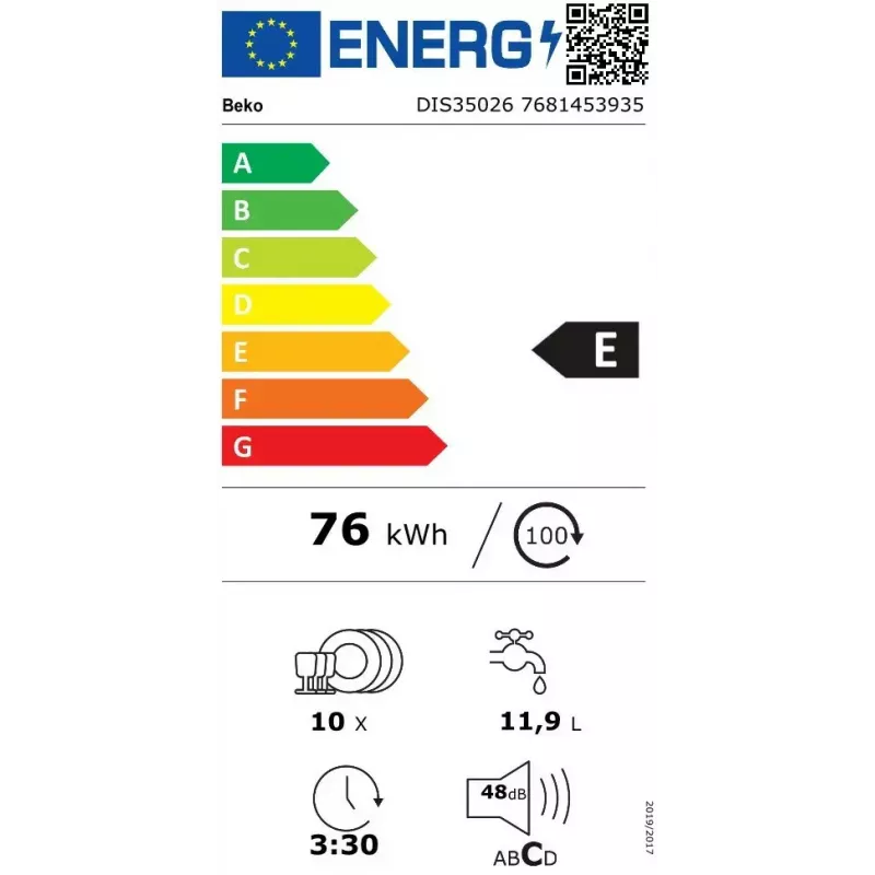 Einbau-Geschirrspüler BEKO DIS35026 — schmal 45 cm, 10 Maßgedecke, 48 dB, 5 Programme, Energieklasse E