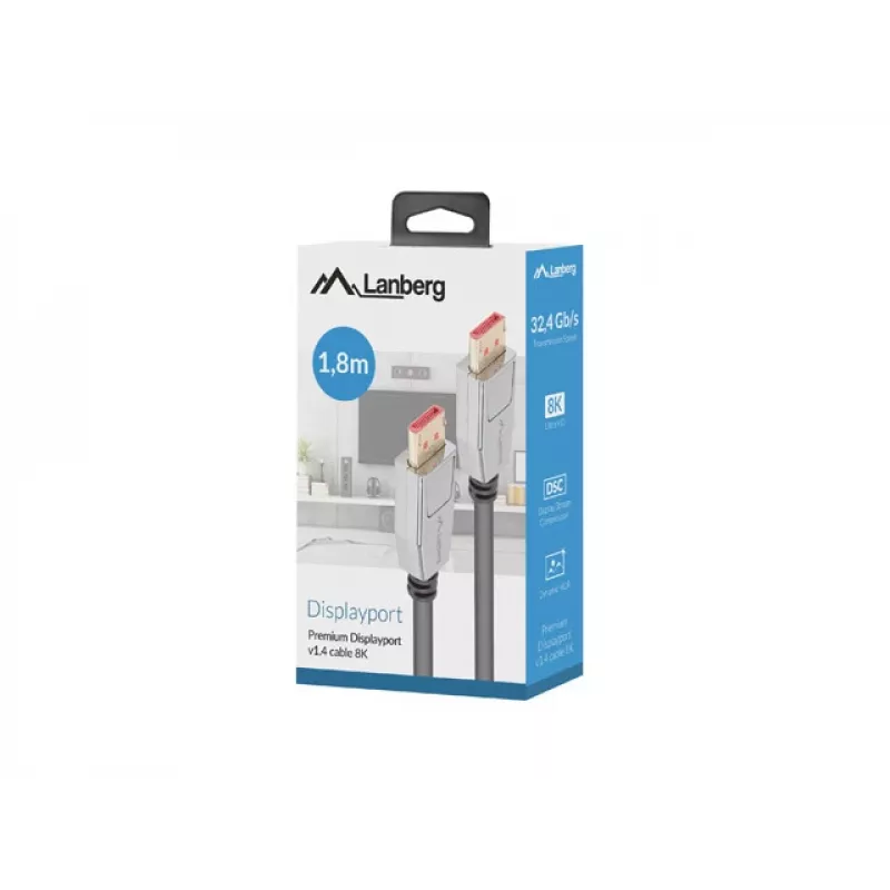 Lanberg CA-DPDP-20CU-0018-BK DisplayPort-1.4-Kabel M/M 1,8 m, 8K 60 Hz, HDR, vergoldete Stecker, schwarz