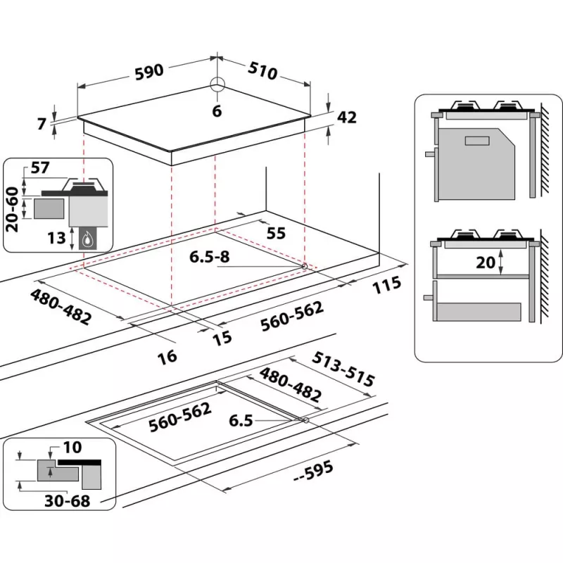 Whirlpool AKT 616/NB Schwarz Einbau-Gaskochfeld 60 cm 4 Kochzonen