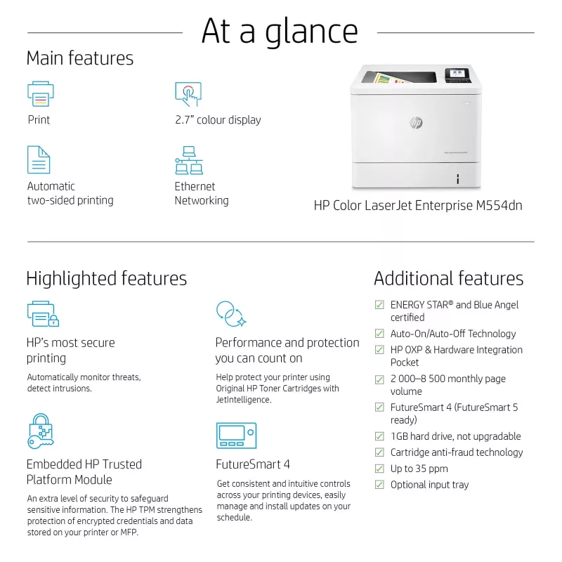 HP Color LaserJet Enterprise M554dn Drucker, Laser, Farbe, 1200 x 1200 DPI, A4, 33 ppm, Duplexdruck
