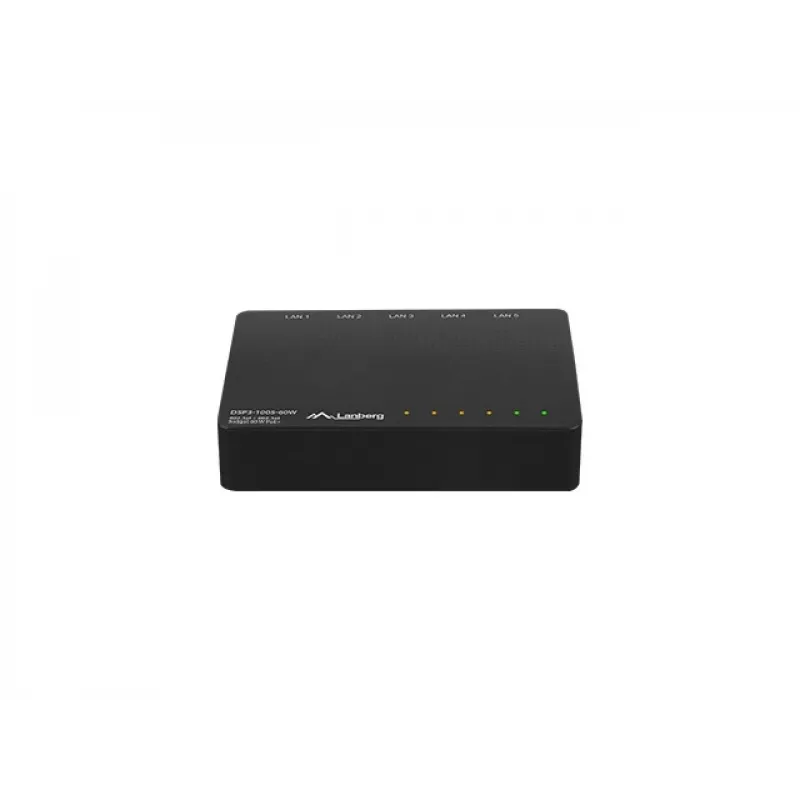 Nicht verwalteter Netzwerk-Switch LANBERG DSP3-1005-60W, 5x Gigabit RJ-45, 4x PoE+ (60 W gesamt), 10 Gbit/s Switching-Kapazität