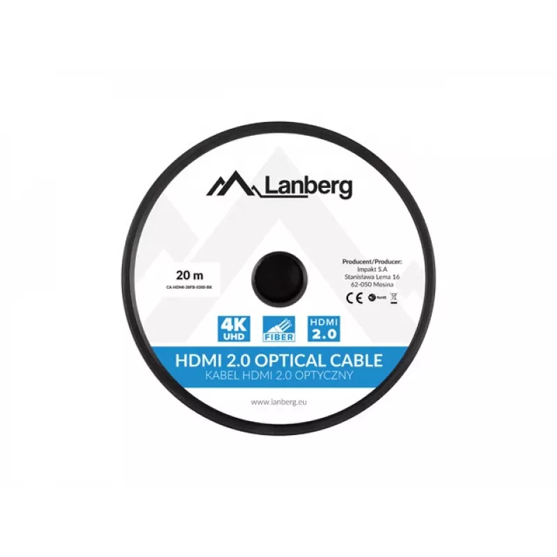 Lanberg CA-HDMI-20FB-0200-BK HDMI 2.0 aktives optisches (AOC) Kabel, 20 m, Typ A Stecker-Stecker, 4K 60 Hz (3840x2160), 18 Gbit/s, Ethernet, Schwarz