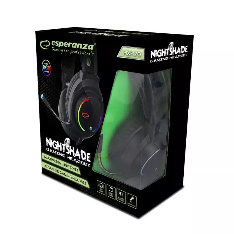 Esperanza EGH470 Nightshade kabelgebundenes Gaming-Headset mit Mikrofon, RGB-Beleuchtung, Lautstärkeregelung, 32 Ω, Schwarz