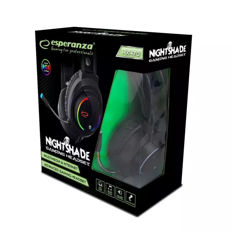Esperanza EGH470 Nightshade kabelgebundenes Gaming-Headset mit Mikrofon, RGB-Beleuchtung, Lautstärkeregelung, 32 Ω, Schwarz