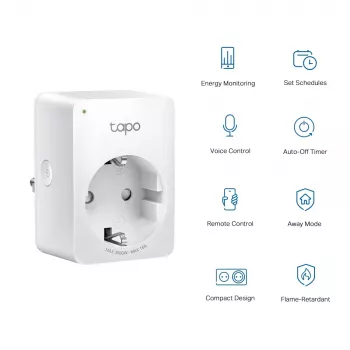 TP-Link Tapo Mini Smart Wi-Fi Steckdose, Energieüberwachung, Innenbereich, Weiß, Zuhause, Büro, Status, Android, iOS, Kabellos