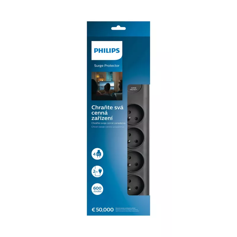 Philips SPN7040BA/60 Überspannungsschutz-Steckdosenleiste, 4 Steckdosen, 2 m, schwarz