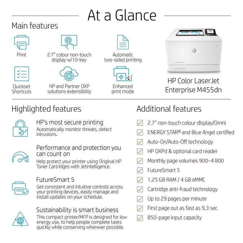 HP Color LaserJet Enterprise M455dn, Laser, Farbe, 600 x 600 DPI, A4, 27 ppm, Duplexdruck
