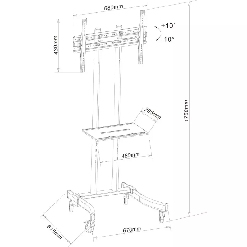 Techly ICA-TR23 mobiler TV-Ständer mit Rollen, 32–70 Zoll, 40 kg, mit Ablage