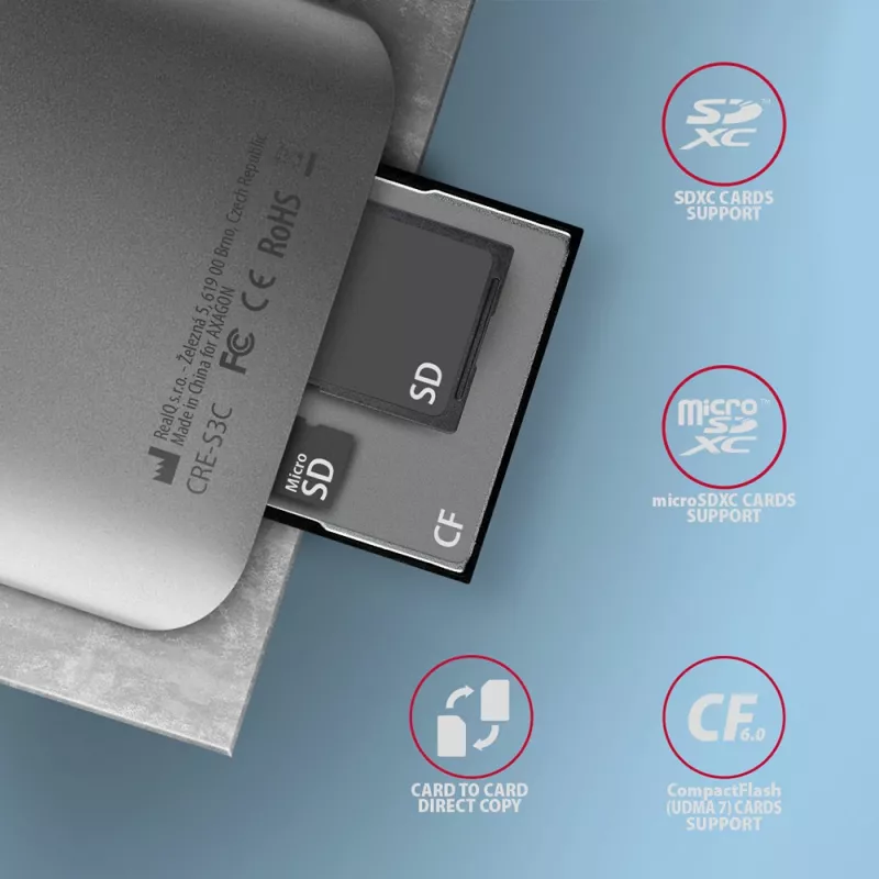 Axagon CRE-S3C Aluminium Highspeed USB-C 3.2 Gen 1 Speicherkartenleser, 3 Steckplätze, UHS-II