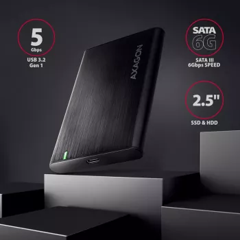 2,5-Zoll HDD/SSD-Gehäuse AXAGON EE25-A6C — SATA, USB 3.2 Gen 1 (Typ-C & Typ-A), Aluminium, schwarz