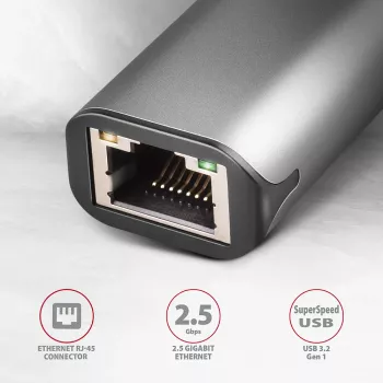 2.5 Gigabit Ethernet-Adapter AXAGON ADE-25R — USB Typ-C, 10/100/1000/2500 Mbit, 5000 Mbit/s, Aluminium, grau