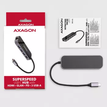 Axagon HMC-6GL USB 3.2 Gen 1 Hub, 3x USB-A, HDMI 4K/30Hz, RJ-45, PD 100W, 20 cm USB-C-Kabel