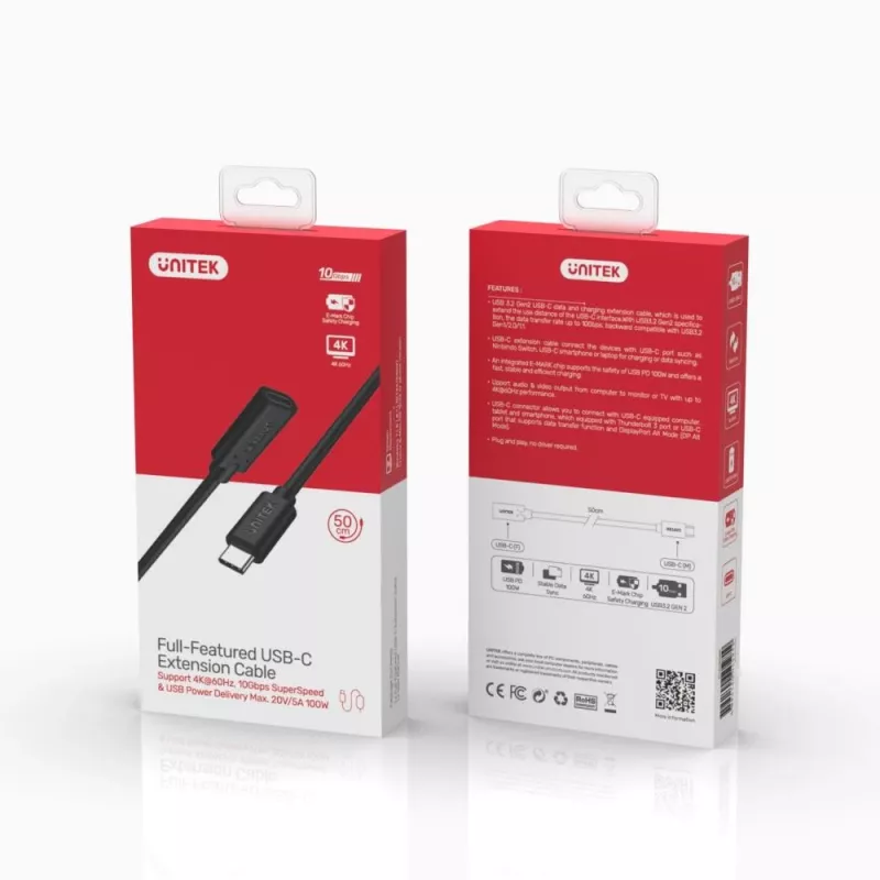 Unitek C14086BK-1M USB-C-Verlängerungskabel (St./Bu.), 10 Gbps, 4K, PD 100 W, 1 m, schwarz