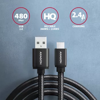 Axagon BUMM-AM10AB HQ Kabel Micro USB <-> USB-A, 1m, USB 2.0, 2,4A, ALU, Geflecht, schwarz