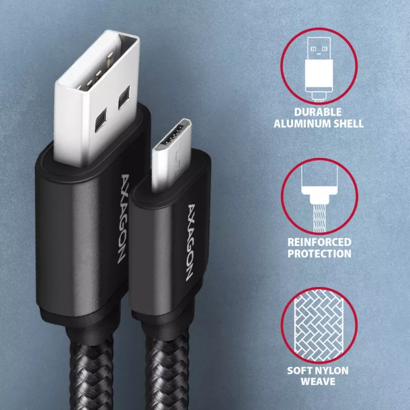 Axagon BUMM-AM10AB HQ Kabel Micro USB <-> USB-A, 1m, USB 2.0, 2,4A, ALU, Geflecht, schwarz